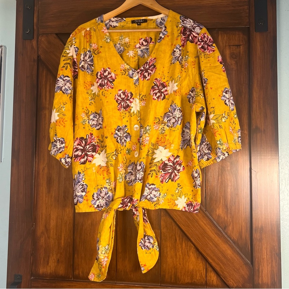 RD + Koko Floral Yellow Women's‎ 3X Coastal Bohemian 100% Linen Button Up Top